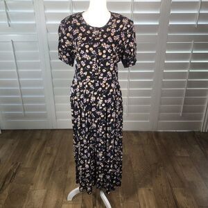 Vtg 80's Northern Traditions Dark Blue Floral Rayon Peasant Dress 8 Cottage Core